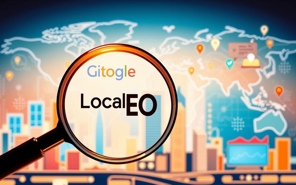 A vibrant, detailed illustration of the core principles of local SEO. In the foreground, a magnifying glass highlights key local search ranking factors like citations, reviews, and location-based content. The middle ground features a stylized city skyline with local business icons, conveying the importance of hyper-local optimization. In the background, a world map with geotargeted search data and analytics dashboards, emphasizing the global reach of local SEO. The lighting is warm and inviting, creating a sense of expertise and authority. The overall composition is clean, modern, and visually striking, perfectly capturing the essence of local SEO for small businesses.