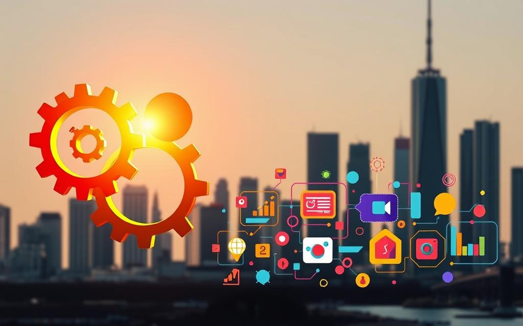 A vibrant, dynamic scene depicting various conversion optimization tactics. In the foreground, a trio of interconnected gears representing the core elements of an effective conversion strategy - testing, optimization, and analytics. Bathed in a warm, golden light, these gears turn in perfect harmony, symbolizing the synergy of these tactics. In the middle ground, a series of colorful, geometric shapes and icons - A/B testing, heatmaps, funnel analysis, and user segmentation - illustrate the diverse range of conversion optimization tools available to media buyers. These elements are arranged in a visually striking, almost hypnotic pattern, creating a sense of order and efficiency. The background features a sleek, minimalist cityscape, hinting at the fast-paced, data-driven world of digital marketing. The buildings are rendered in muted tones, allowing the primary conversion optimization elements to take center stage and command the viewer's attention. The overall composition conveys a sense of dynamism,