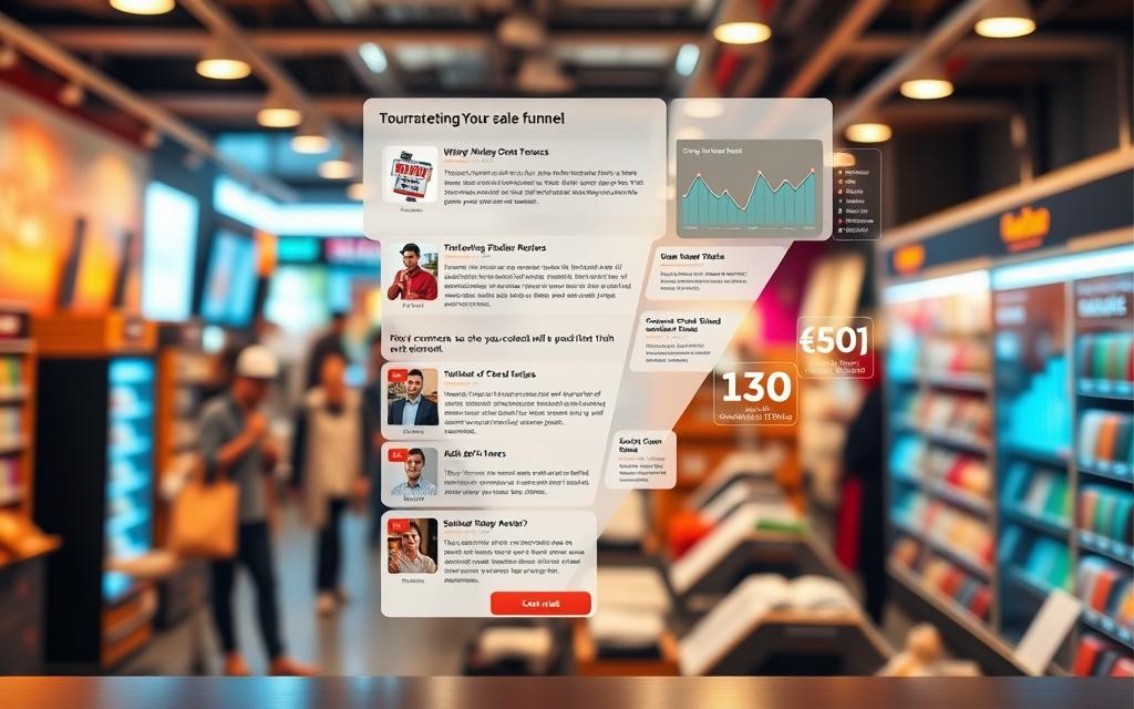 A vibrant, high-converting online sales funnel set against a backdrop of a bustling e-commerce marketplace. In the foreground, a well-designed product page showcases an enticing offer, complete with compelling visuals, informative bullet points, and a prominent call-to-action button. In the middle ground, a steady flow of customer reviews and testimonials build trust and credibility. In the background, a dynamic data visualization dashboard tracks key performance metrics, highlighting soaring conversion rates and skyrocketing revenue. Warm, diffused lighting casts a professional, trustworthy glow over the entire scene, while a subtle depth of field draws the viewer's attention to the most important elements. The overall mood is one of success, efficiency, and a well-oiled digital sales machine.