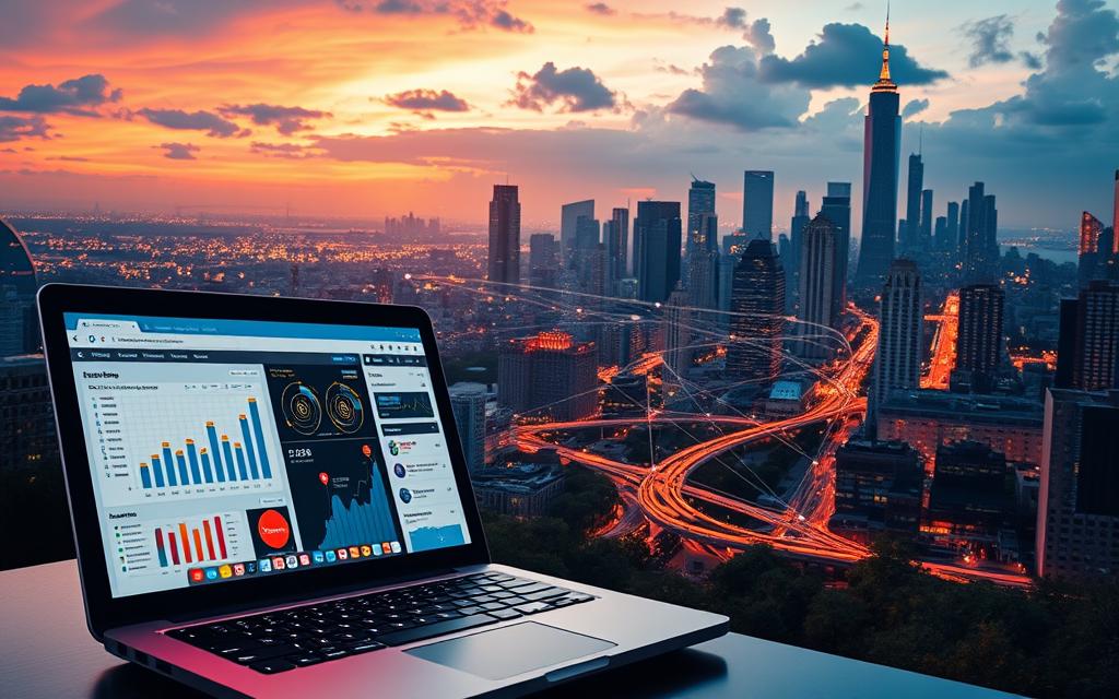 A vibrant landscape depicting the interplay of SEO and social media strategies. In the foreground, a laptop displays analytics dashboards and social media platforms, illuminated by warm lighting. In the middle ground, a network of digital pathways and data streams converge, representing the interconnectedness of online marketing tactics. The background features a cityscape with towering skyscrapers, symbolizing the vast digital landscape where these strategies are employed. The overall mood is one of strategic focus, technological innovation, and the dynamic nature of modern marketing.