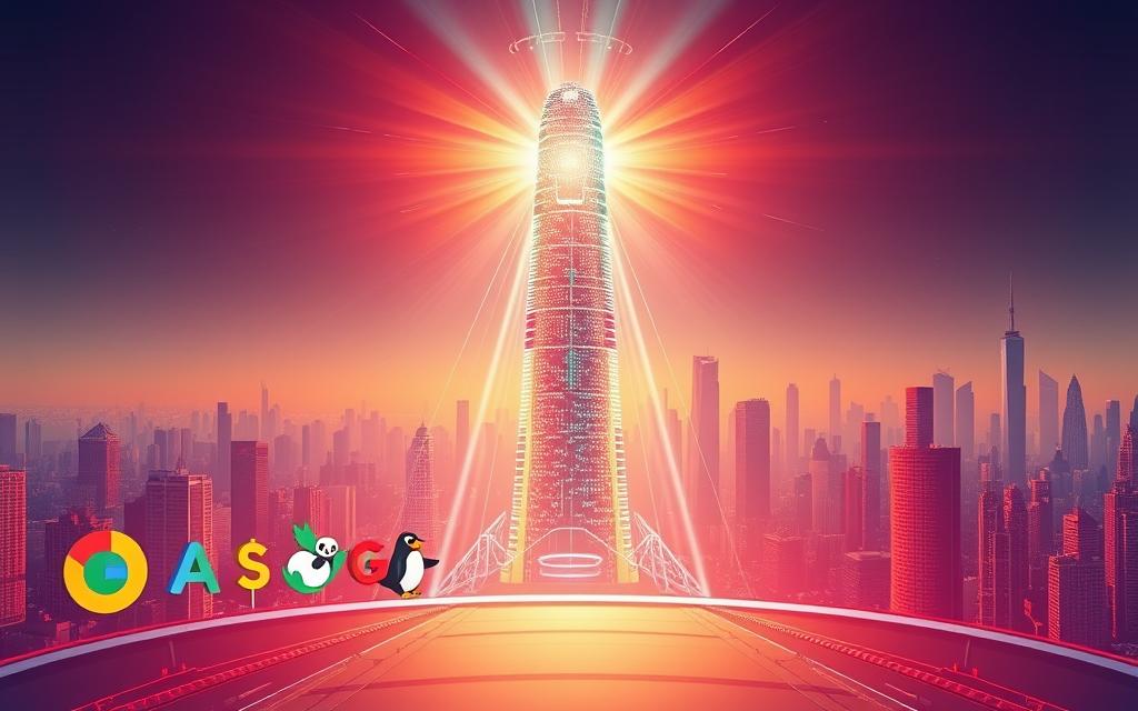 A vibrant, panoramic illustration of key milestones in the evolution of the Google search algorithm. In the foreground, a series of colorful, stylized icons representing major algorithmic updates like PageRank, Panda, Penguin, and Hummingbird. In the middle ground, a towering, abstract data structure symbolizing the complexity of the algorithm, with beams of light and energy pulsing through it. In the background, a futuristic cityscape with skyscrapers representing the ever-changing digital landscape that the algorithm navigates. The scene is bathed in a warm, radiant glow, conveying the profound impact of these algorithmic breakthroughs on the world of search and online visibility.