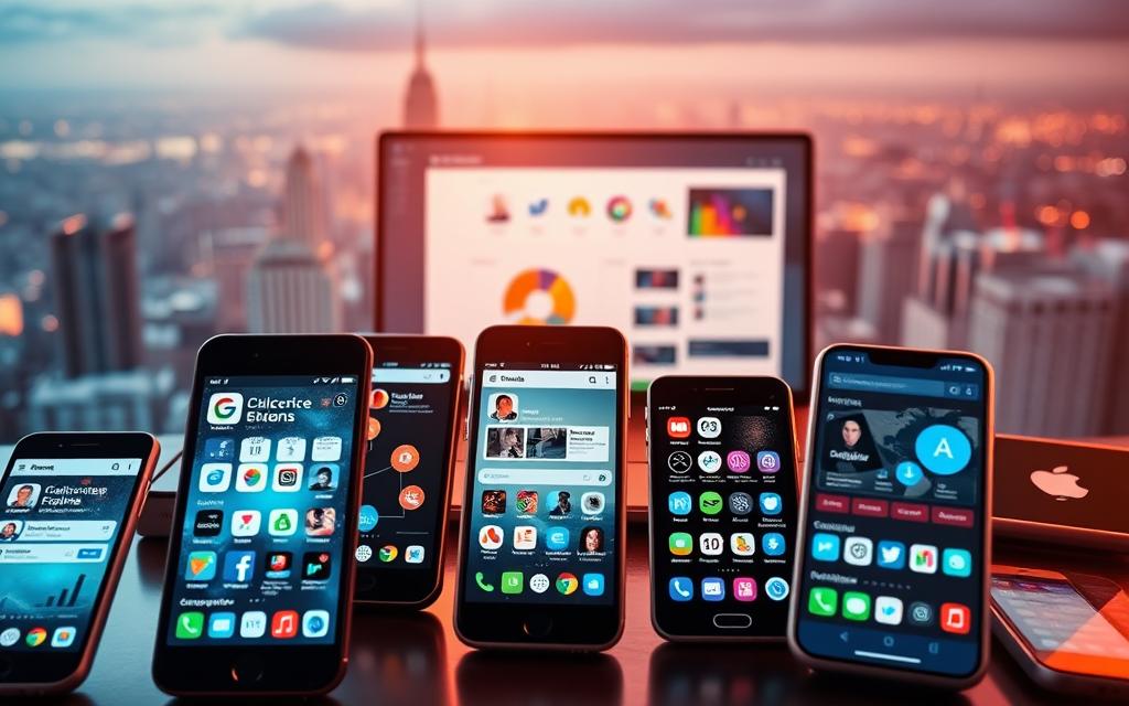 A vibrant social media landscape, meticulously arranged to showcase a cohesive SEO strategy. In the foreground, several smartphone screens display various social media profiles, their icons and interfaces shimmering with a sleek, modern aesthetic. The middle ground features a desktop computer, its screen filled with analytics dashboards and optimization tools, while the background showcases a dynamic cityscape, symbolizing the interconnected digital world. Warm, directional lighting casts a subtle glow, highlighting the synergy between social media and search engine optimization. The overall composition conveys a sense of strategic integration, where digital platforms work in harmony to boost online visibility and engagement.