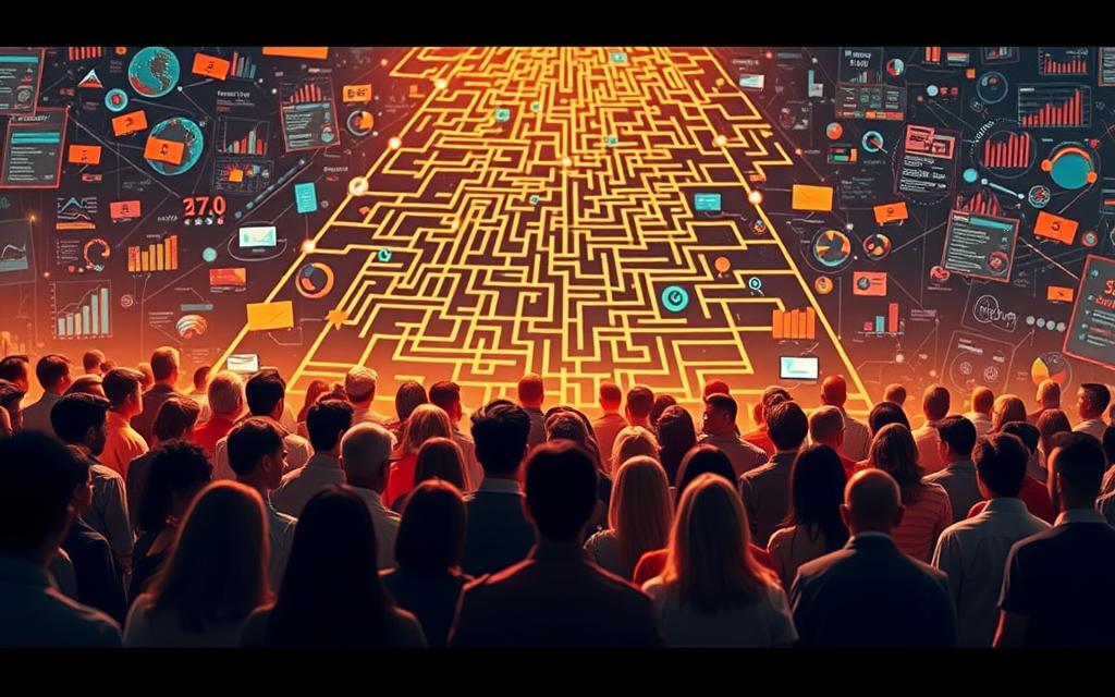 A vibrant visualization of niche markets and audience segmentation. In the foreground, a diverse group of people representing different target demographics, each with distinct interests and needs. The middle ground showcases a maze-like network of interconnected nodes, symbolizing the intricate relationships between niches and sub-segments. In the background, a data-driven landscape of charts, graphs, and infographics, providing insights into market trends and consumer behaviors. Warm lighting casts a sense of exploration and discovery, with a sharp, cinematic camera angle to heighten the sense of depth and complexity. The overall mood is one of strategic analysis and targeted marketing opportunities.
