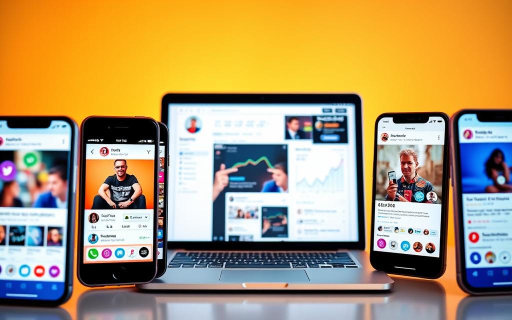 A vibrant, visually-striking image of optimized social media profiles, showcasing a seamless integration of various platforms. In the foreground, a collage of smartphone screens displays meticulously curated profile pages, each reflecting a cohesive brand identity. The middle ground features a sleek, minimalist laptop, its screen displaying social media analytics dashboards, highlighting the data-driven approach to profile optimization. In the background, a soft, warm lighting illuminates the scene, conveying a sense of professionalism and attention to detail. The overall composition emphasizes the importance of a holistic social media strategy for enhanced search visibility, blending aesthetics and functionality.