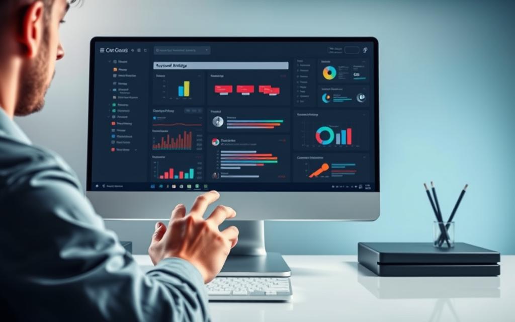 A visually striking, photorealistic illustration of on-page SEO optimization tools. The scene depicts a sleek, modern workspace with a large desktop monitor displaying various SEO software interfaces, including keyword analysis, site auditing, and content optimization tools. In the foreground, a developer's hands expertly navigating the software, with a thoughtful expression on their face. The background features a subtle gradient of muted blues and grays, creating a calm, focused atmosphere. Soft, directional lighting casts a subtle glow on the scene, highlighting the attention to detail and the importance of these optimization tools in the overall SEO strategy. A visually striking, photorealistic illustration of on-page SEO optimization tools. The scene depicts a sleek, modern workspace with a large desktop monitor displaying various SEO software interfaces, including keyword analysis, site auditing, and content optimization tools. In the foreground, a developer's hands expertly navigating the software, with a thoughtful expression on their face. The background features a subtle gradient of muted blues and grays, creating a calm, focused atmosphere. Soft, directional lighting casts a subtle glow on the scene, highlighting the attention to detail and the importance of these optimization tools in the overall SEO strategy.