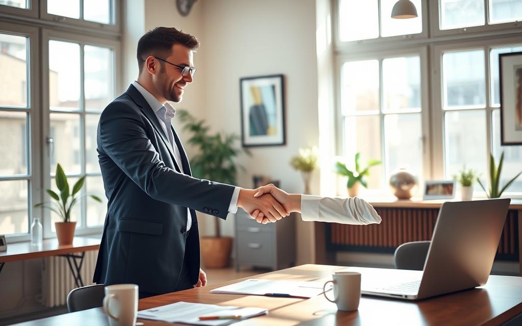 A warm, inviting office setting with natural lighting streaming through large windows. In the foreground, two business professionals are shaking hands, conveying a sense of trust and collaboration. Their expressions are friendly and their body language is open, suggesting an ethical, mutually beneficial affiliate marketing relationship. The middle ground features a desk with a laptop, documents, and a mug of coffee, hinting at the professional work they are engaged in. The background has tasteful decor, potted plants, and framed artwork, creating a relaxed, productive atmosphere. The overall scene exudes an aura of integrity, transparency, and a commitment to building long-term partnerships.