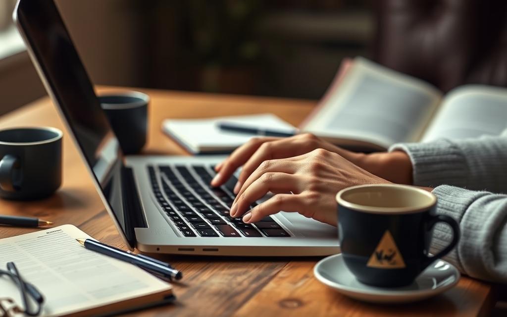 Authentic affiliate marketing strategies: a warm-toned, well-lit close-up shot of a person's hands typing on a laptop keyboard, surrounded by open notebooks, pens, and a cup of coffee. The background is blurred, suggesting a cozy, home office setting. The person's face is not visible, emphasizing the focus on the authentic, hands-on process of building an affiliate business. The overall mood is one of focused, hardworking dedication to creating genuine, valuable content for an audience. Authentic affiliate marketing strategies: a warm-toned, well-lit close-up shot of a person's hands typing on a laptop keyboard, surrounded by open notebooks, pens, and a cup of coffee. The background is blurred, suggesting a cozy, home office setting. The person's face is not visible, emphasizing the focus on the authentic, hands-on process of building an affiliate business. The overall mood is one of focused, hardworking dedication to creating genuine, valuable content for an audience.