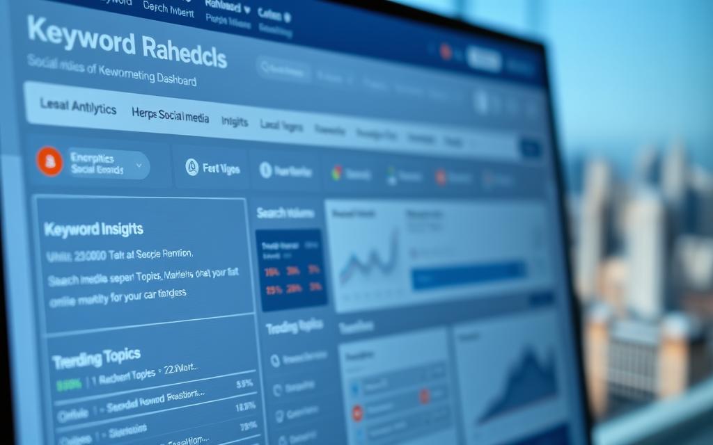 Detailed close-up of a social media dashboard, displaying a variety of analytics metrics and keyword research tools. Sleek, modern interface with clean typography and intuitive data visualizations. Subtle blue and gray color scheme, conveying a sense of professionalism and digital sophistication. The foreground features an array of keyword insights, search volume data, and trending topics relevant to the social media marketing landscape. In the background, a blurred cityscape provides a contextual backdrop, hinting at the global, interconnected nature of online marketing strategies. Soft, directional lighting illuminates the screen, creating depth and emphasizing the importance of this analytical data for optimizing social media content and campaigns.