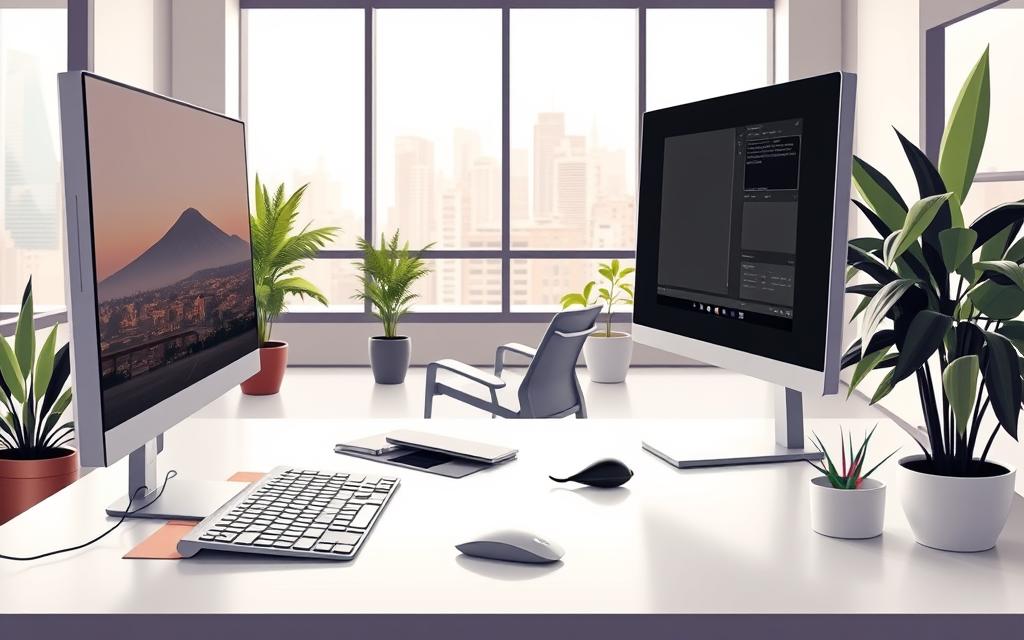 Detailed illustration of a modern user experience design workspace. In the foreground, a sleek minimalist workstation with a high-resolution display, stylish keyboard and mouse. On the desk, a designer's tablet and stylus, with digital designs and mockups displayed. In the middle ground, a comfortable ergonomic office chair and potted plants, creating a calming, focused environment. The background features large windows overlooking a vibrant cityscape, with soft, natural lighting filtering in. The overall scene conveys a sense of creativity, productivity and attention to detail in the user experience design process. Detailed illustration of a modern user experience design workspace. In the foreground, a sleek minimalist workstation with a high-resolution display, stylish keyboard and mouse. On the desk, a designer's tablet and stylus, with digital designs and mockups displayed. In the middle ground, a comfortable ergonomic office chair and potted plants, creating a calming, focused environment. The background features large windows overlooking a vibrant cityscape, with soft, natural lighting filtering in. The overall scene conveys a sense of creativity, productivity and attention to detail in the user experience design process.