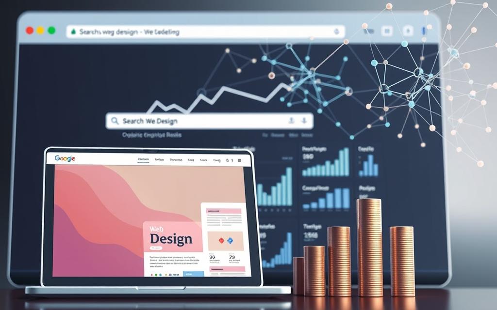 a detailed digital illustration depicting the interconnection between website design and search engine rankings, set against a backdrop of a sleek, modern web browser interface. In the foreground, a responsive web design mockup showcases elegant typography, color schemes, and layout elements. In the middle ground, a data visualization dashboard displays analytical insights into search engine performance metrics such as organic traffic, keyword rankings, and SERP positioning. In the background, a series of interconnected nodes and lines represent the complex algorithms and signals that determine search engine rankings. The overall scene conveys a sense of balance, precision, and the importance of aligning web design and SEO strategies. a detailed digital illustration depicting the interconnection between website design and search engine rankings, set against a backdrop of a sleek, modern web browser interface. In the foreground, a responsive web design mockup showcases elegant typography, color schemes, and layout elements. In the middle ground, a data visualization dashboard displays analytical insights into search engine performance metrics such as organic traffic, keyword rankings, and SERP positioning. In the background, a series of interconnected nodes and lines represent the complex algorithms and signals that determine search engine rankings. The overall scene conveys a sense of balance, precision, and the importance of aligning web design and SEO strategies.