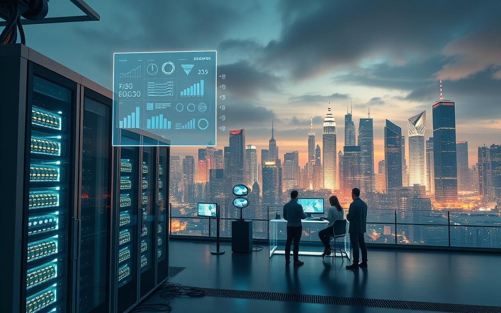 a high-tech digital landscape with a futuristic, clean aesthetic. in the foreground, a sleek, monochromatic server rack with blinking lights and cables. behind it, a grid of floating holographic diagrams and data visualizations, depicting search engine optimization metrics and strategies. in the middle ground, a group of programmers and digital marketers collaborating at a transparent, minimalist workstation, surrounded by glowing displays and integrated devices. in the background, a cityscape of towering, illuminated skyscrapers and a cloudy, saturated sky, symbolizing the scale and complexity of modern search engine optimization. the overall scene conveys the intersection of cutting-edge technology, data-driven strategies, and collaborative workflows that define technical SEO best practices.